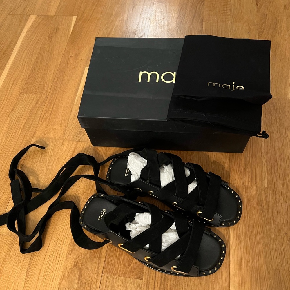 Maje Black Sandals with Gold Accents